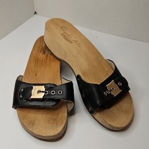 Dr. Scholl's Original Clog Sandal Black Leather W Buckles Wooden Sole Womens 7